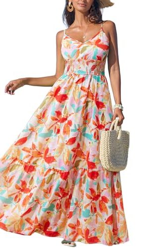 Women's Vacation Summer Dresses Tropical V Neck Elastic Waist Sleeveless Spaghetti Strap Smocked Maxi Dress