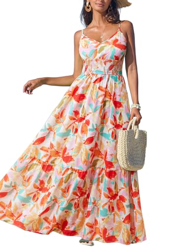 Women's Vacation Summer Dresses Tropical V Neck Elastic Waist Sleeveless Spaghetti Strap Smocked Maxi Dress