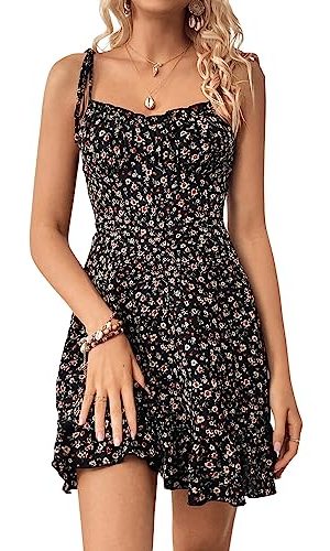 Women's Boho Floral Print Tie Shoulder Cami Mini Dress A Line Ruffle Hem Short Dresses