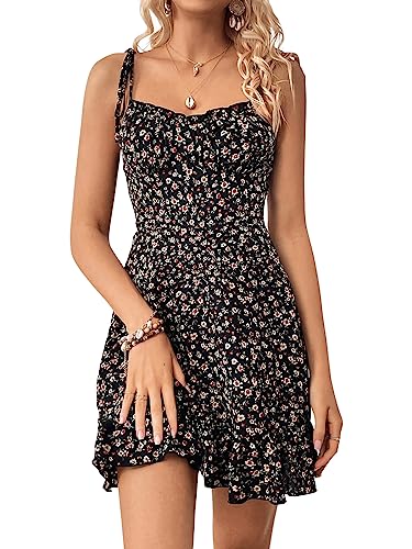 Women's Boho Floral Print Tie Shoulder Cami Mini Dress A Line Ruffle Hem Short Dresses