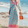 Women's Plunging V Neck Paisley Boho Backless Beach Dress Blouson Sleeve Back Tie Waist Tie Maxi Summer Dresses