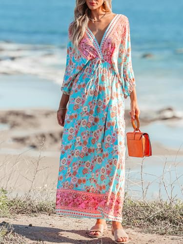 Women's Plunging V Neck Paisley Boho Backless Beach Dress Blouson Sleeve Back Tie Waist Tie Maxi Summer Dresses