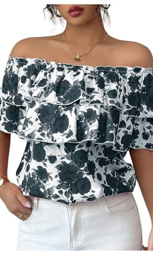 Women's Off The Shoulder Ruffle Short Sleeve Floral Print Summer Blouse Tops