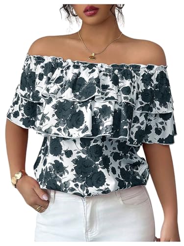 Women's Off The Shoulder Ruffle Short Sleeve Floral Print Summer Blouse Tops