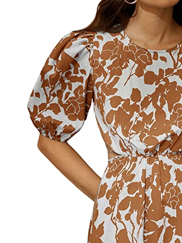 Women's Boho Floral Puff Sleeve Cut Out Dress Tie Back A Line Midi Dresses