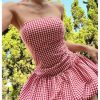 Women's Plaid Strapless Bubble Dress Sleeveless Ruffle Mini Tube Dresses