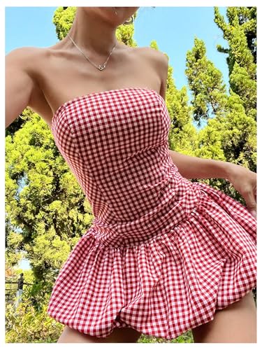 Women's Plaid Strapless Bubble Dress Sleeveless Ruffle Mini Tube Dresses