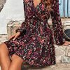 Women's Floral Print Long Lantern Sleeve V Neck Wrap Dress High Waist A Line Ruffle Short Dress