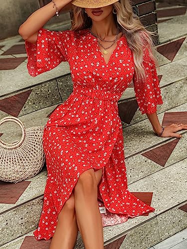 Women's Half Sleeve Floral Print Wrap Dress Boho V Neck Flowy A Line Midi Dresses