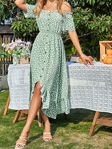Dress for Women Maxi Dresses Off Shoulder Ditsy Floral Print Short Sleeve Frill A Line Dress