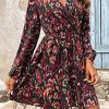 Women's Floral Print Long Lantern Sleeve V Neck Wrap Dress High Waist A Line Ruffle Short Dress