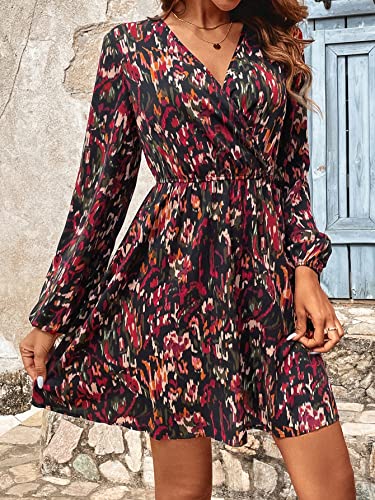 Women's Floral Print Long Lantern Sleeve V Neck Wrap Dress High Waist A Line Ruffle Short Dress
