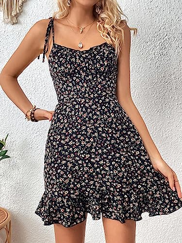 Women's Boho Floral Print Tie Shoulder Cami Mini Dress A Line Ruffle Hem Short Dresses