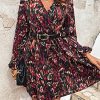 Women's Floral Print Long Lantern Sleeve V Neck Wrap Dress High Waist A Line Ruffle Short Dress