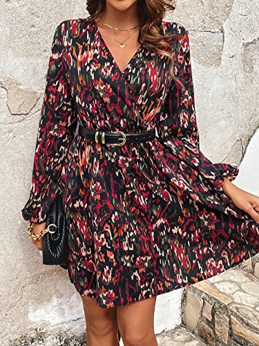 Women's Floral Print Long Lantern Sleeve V Neck Wrap Dress High Waist A Line Ruffle Short Dress