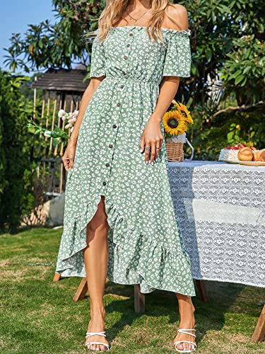 Dress for Women Maxi Dresses Off Shoulder Ditsy Floral Print Short Sleeve Frill A Line Dress