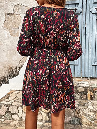 Women's Floral Print Long Lantern Sleeve V Neck Wrap Dress High Waist A Line Ruffle Short Dress