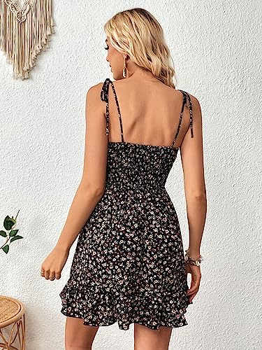 Women's Boho Floral Print Tie Shoulder Cami Mini Dress A Line Ruffle Hem Short Dresses