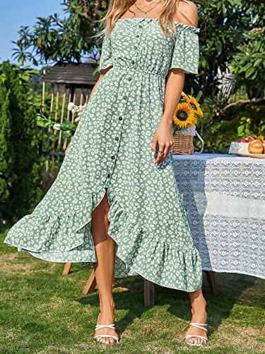 Dress for Women Maxi Dresses Off Shoulder Ditsy Floral Print Short Sleeve Frill A Line Dress
